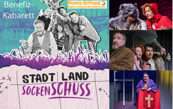 Veranstaltungsplakat für die Benefizveranstaltung der DISSTEL Stadt Land Sockenschuss zugunsten der Hospizstiftung Region Einbeck-Northeim-Uslar